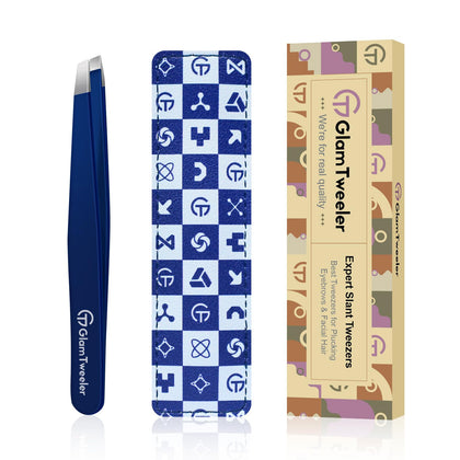 GlamTweeler Expert Slant Tip Tweezers in navy blue with leather case
