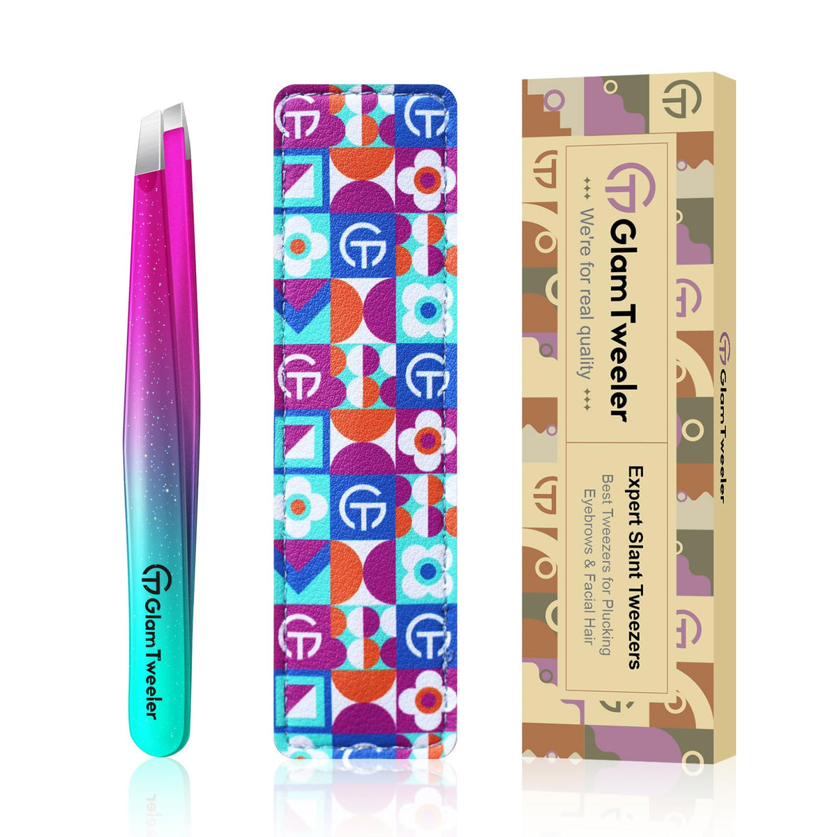 GlamTweeler Expert Slant Tip Tweezers in sparkle purple and turquoise with leather case