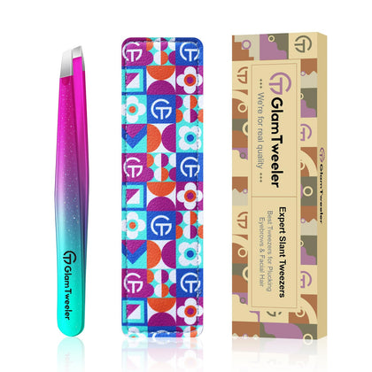 GlamTweeler Expert Slant Tip Tweezers in sparkle purple and turquoise with leather case