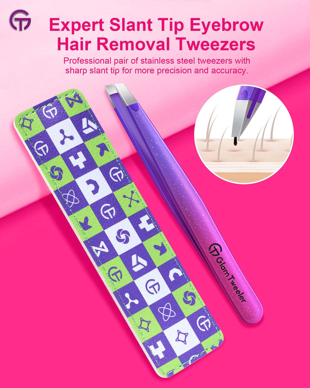 GlamTweeler Expert Slant Tip Tweezers with leather travel case open