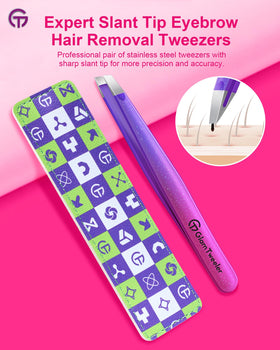 GlamTweeler Expert Slant Tip Tweezers with leather travel case open
