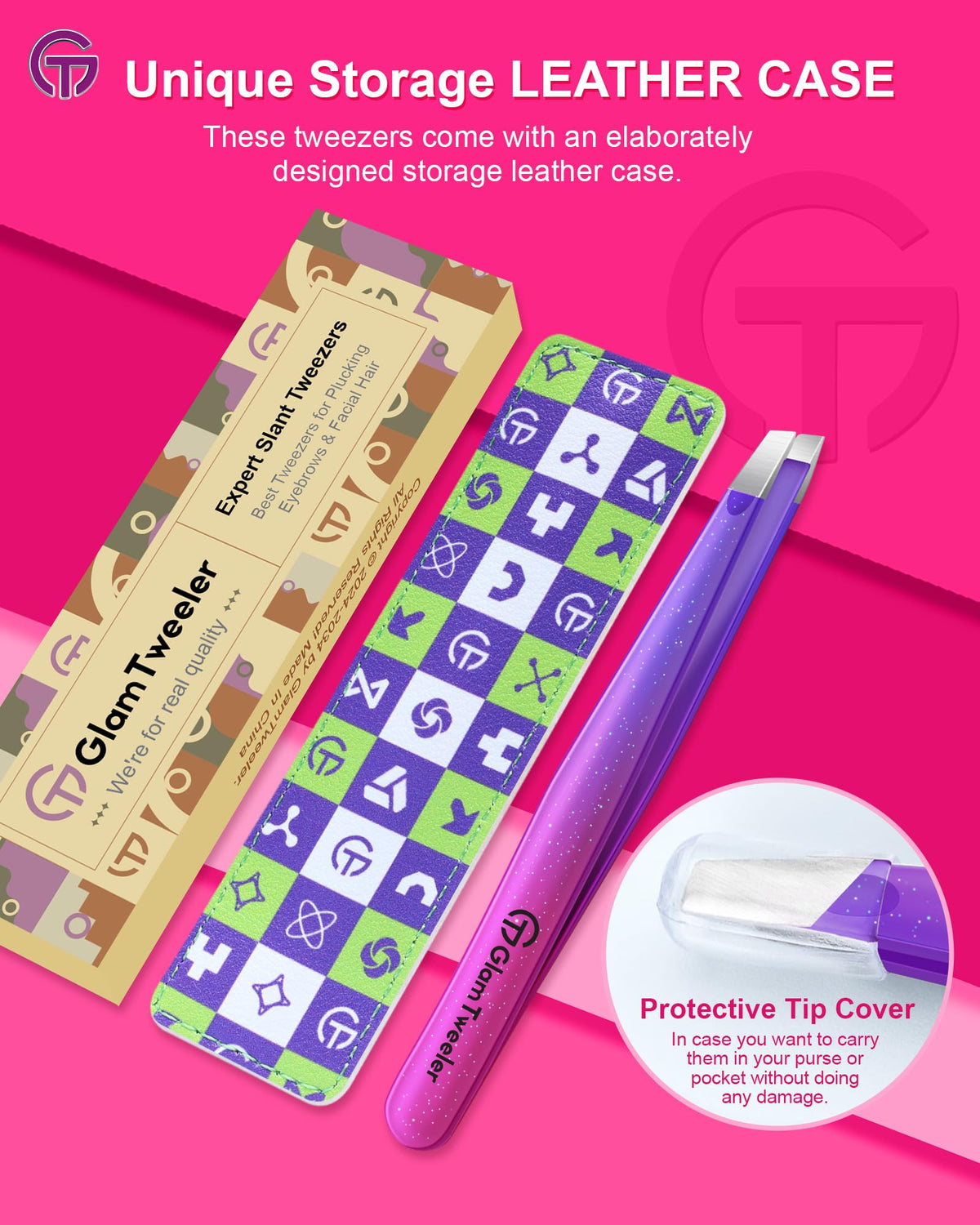 GlamTweeler Expert Slant Tip Tweezers with travel case on a vanity