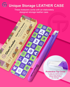 GlamTweeler Expert Slant Tip Tweezers with travel case on a vanity