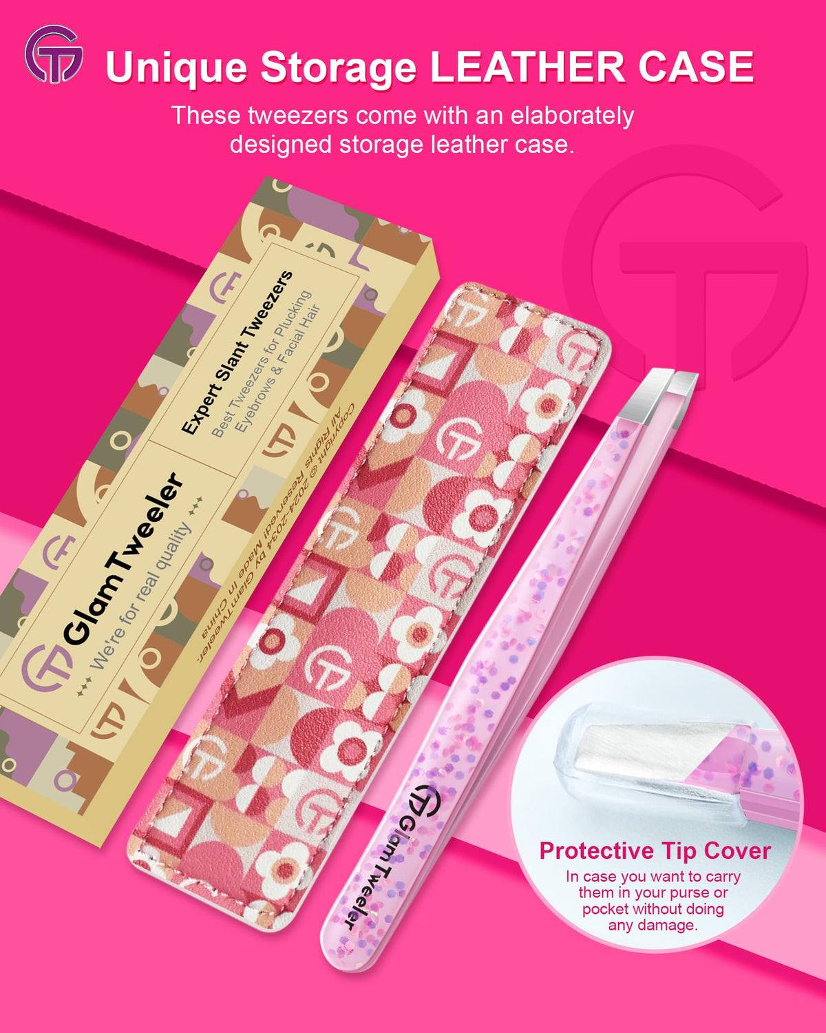GlamTweeler Eyebrow Tweezer with travel-ready leather case
