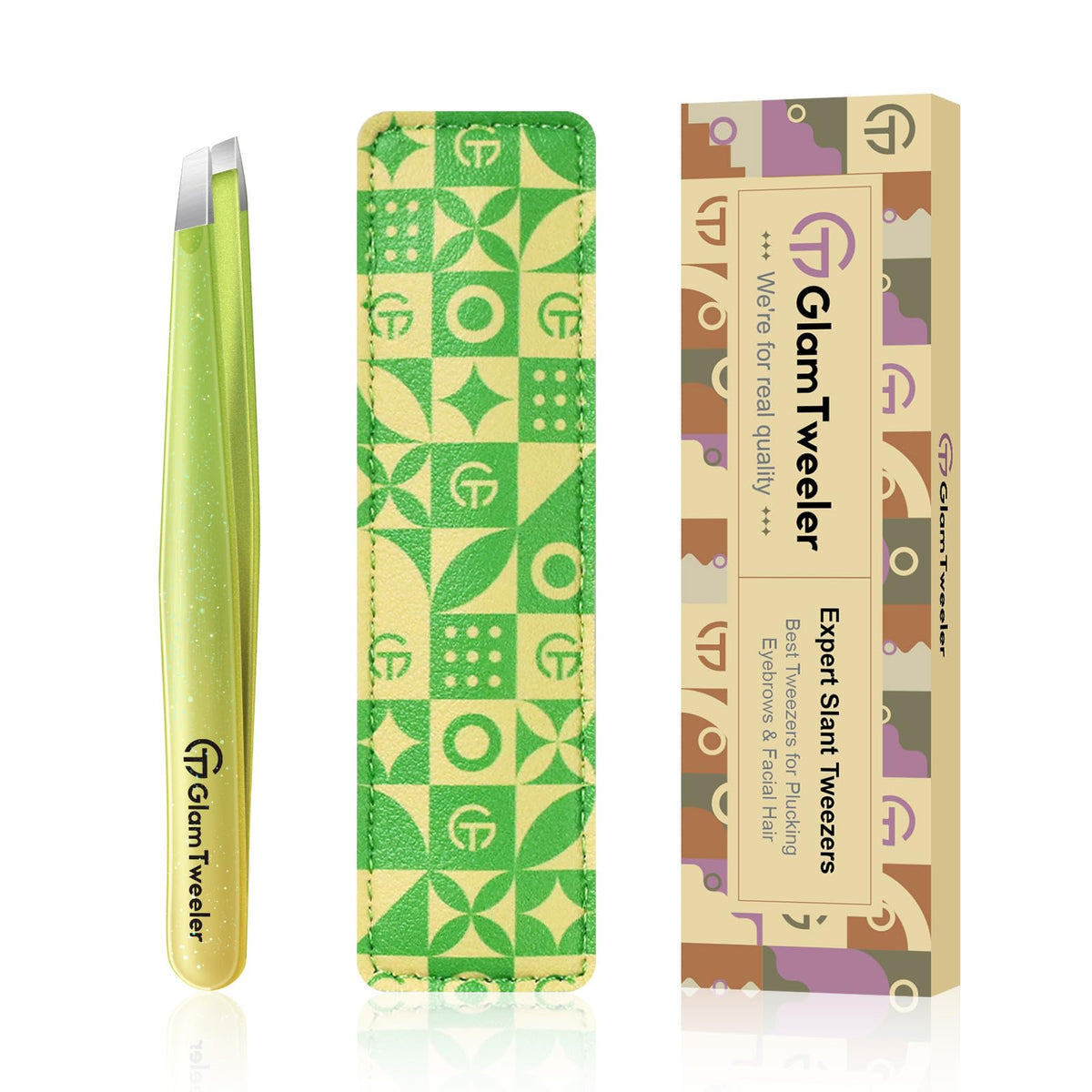 GlamTweeler eyebrow tweezers front view in sparkle apple green and yellow
