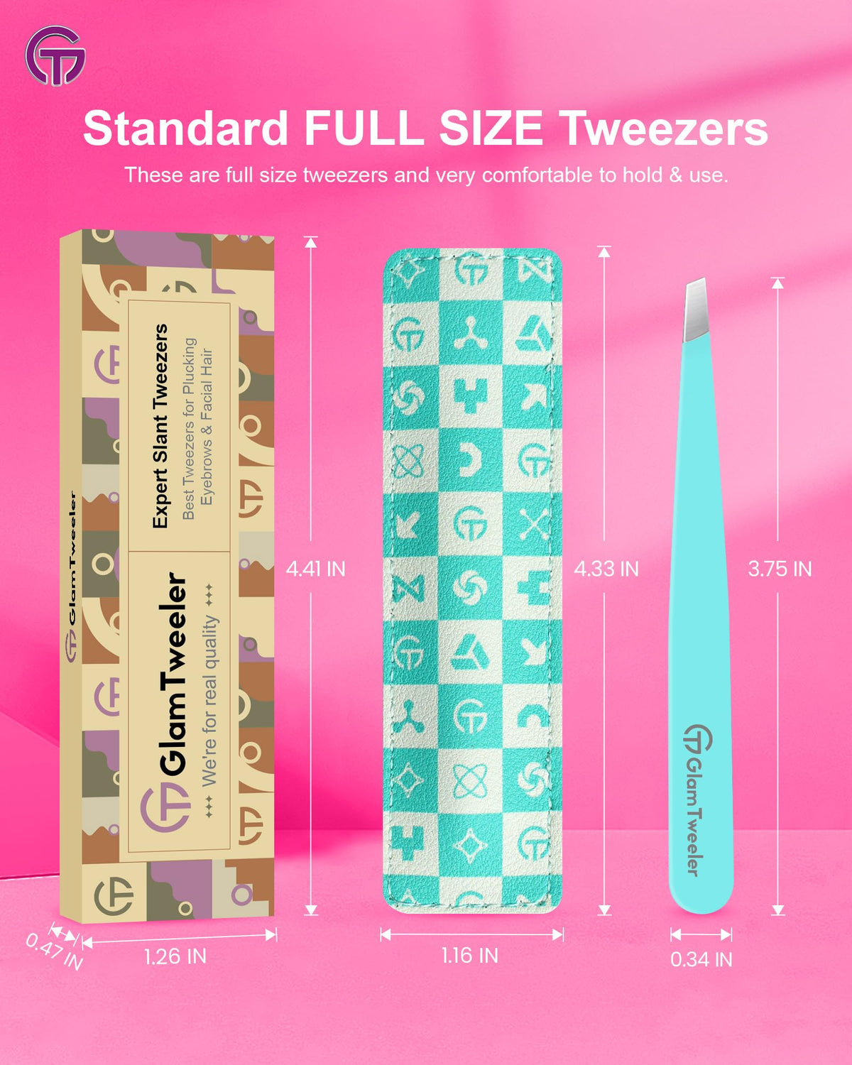 GlamTweeler eyebrow tweezers next to beauty products