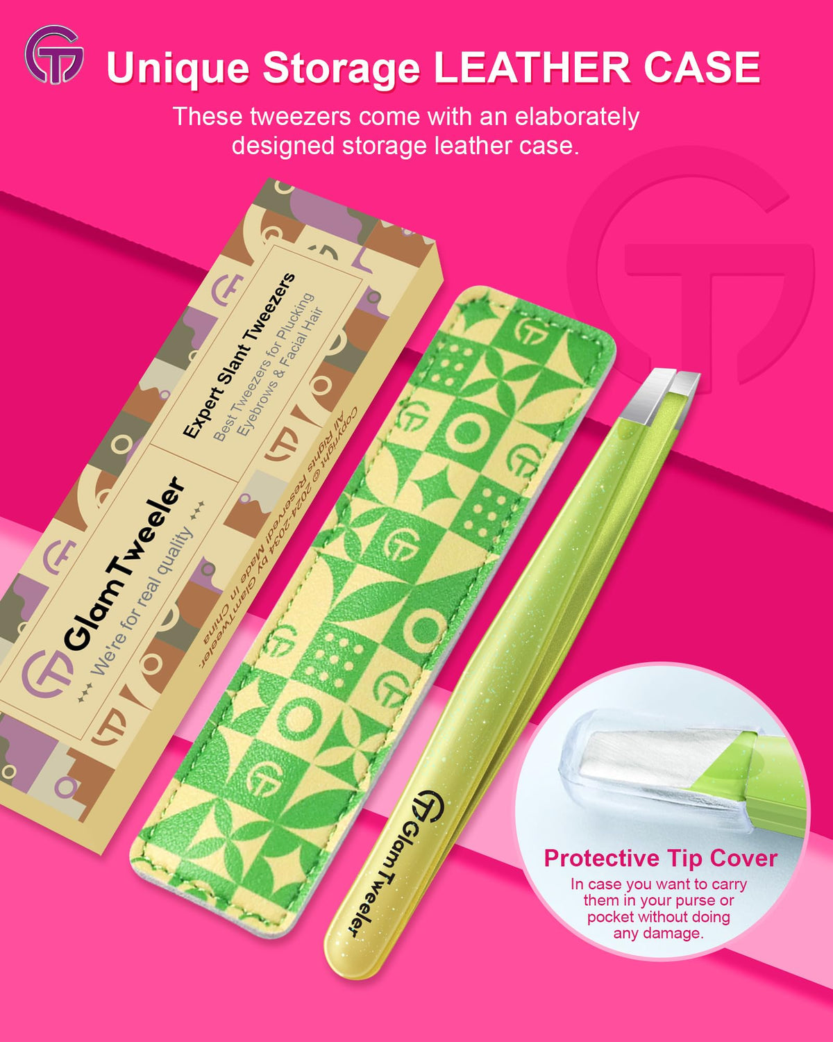 GlamTweeler eyebrow tweezers on a bathroom counter