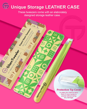 GlamTweeler eyebrow tweezers on a bathroom counter
