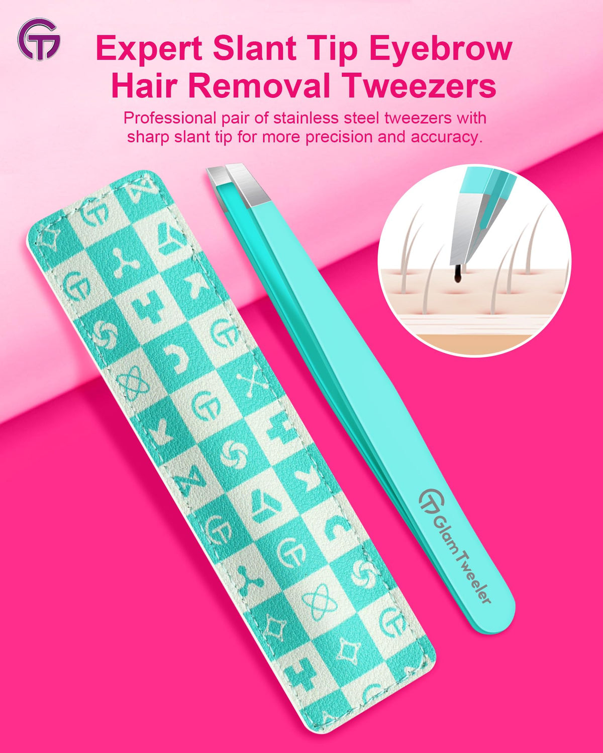 GlamTweeler eyebrow tweezers with leather case open