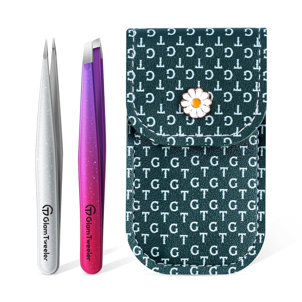 GlamTweeler Slant and Point Tip Tweezer Set in Sparkle Deep Violet and Silver