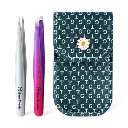 GlamTweeler Slant and Point Tip Tweezer Set in Sparkle Deep Violet and Silver