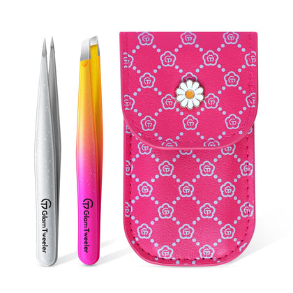 GlamTweeler Slant and Point Tip Tweezer Set with travel case, Sparkle Hot Pink and Silver