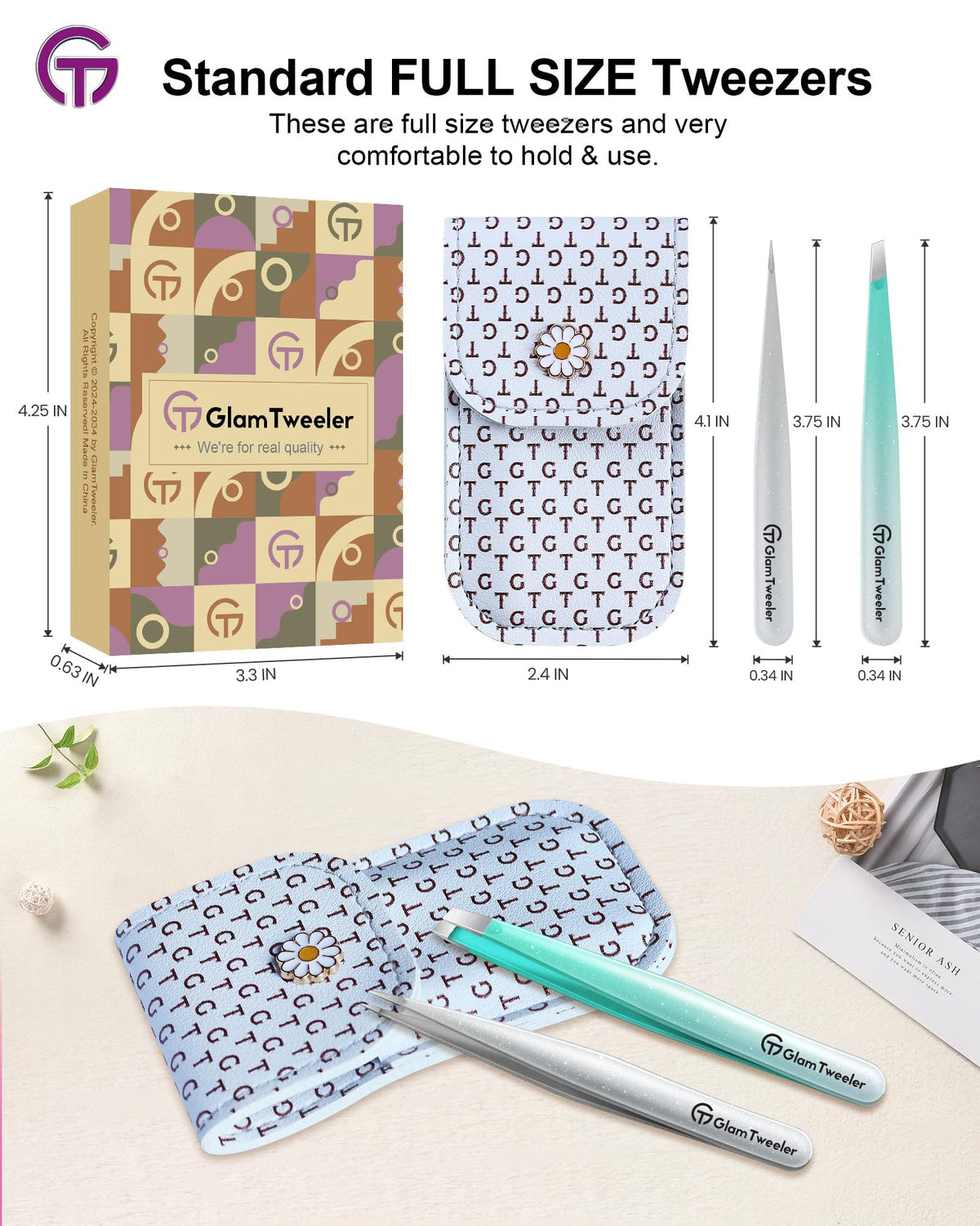 GlamTweeler tweezer set alongside other beauty tools