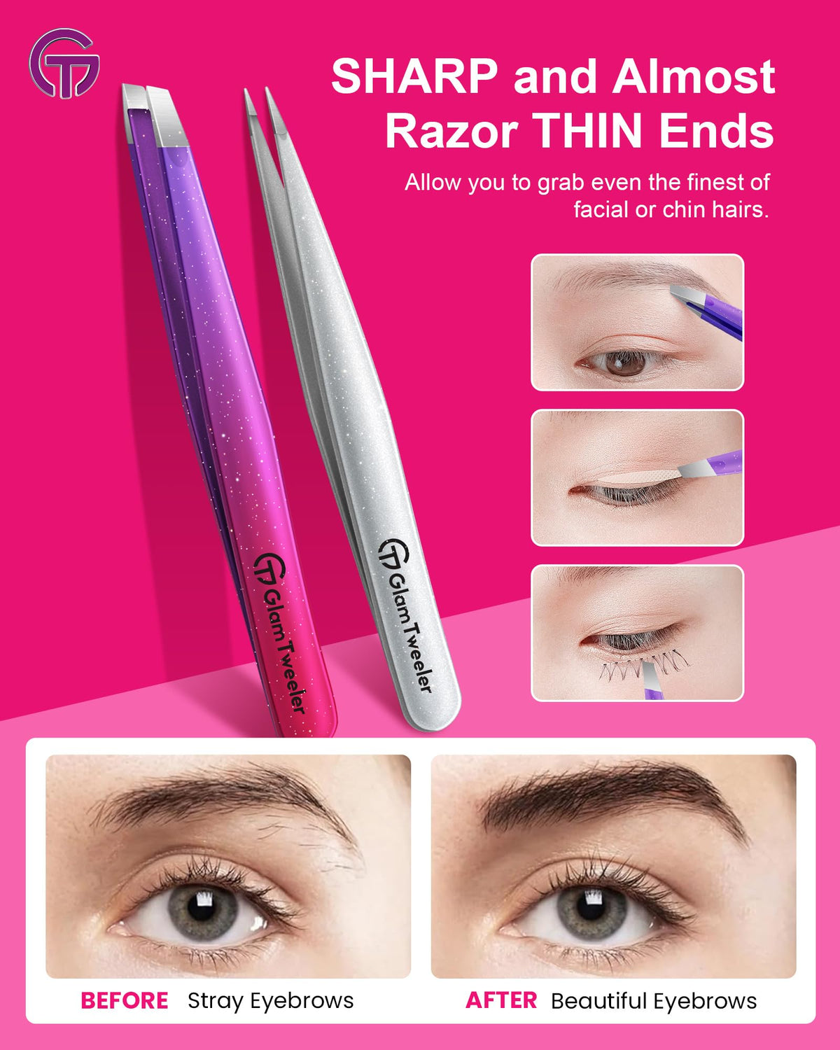 GlamTweeler tweezer set displayed on a makeup table