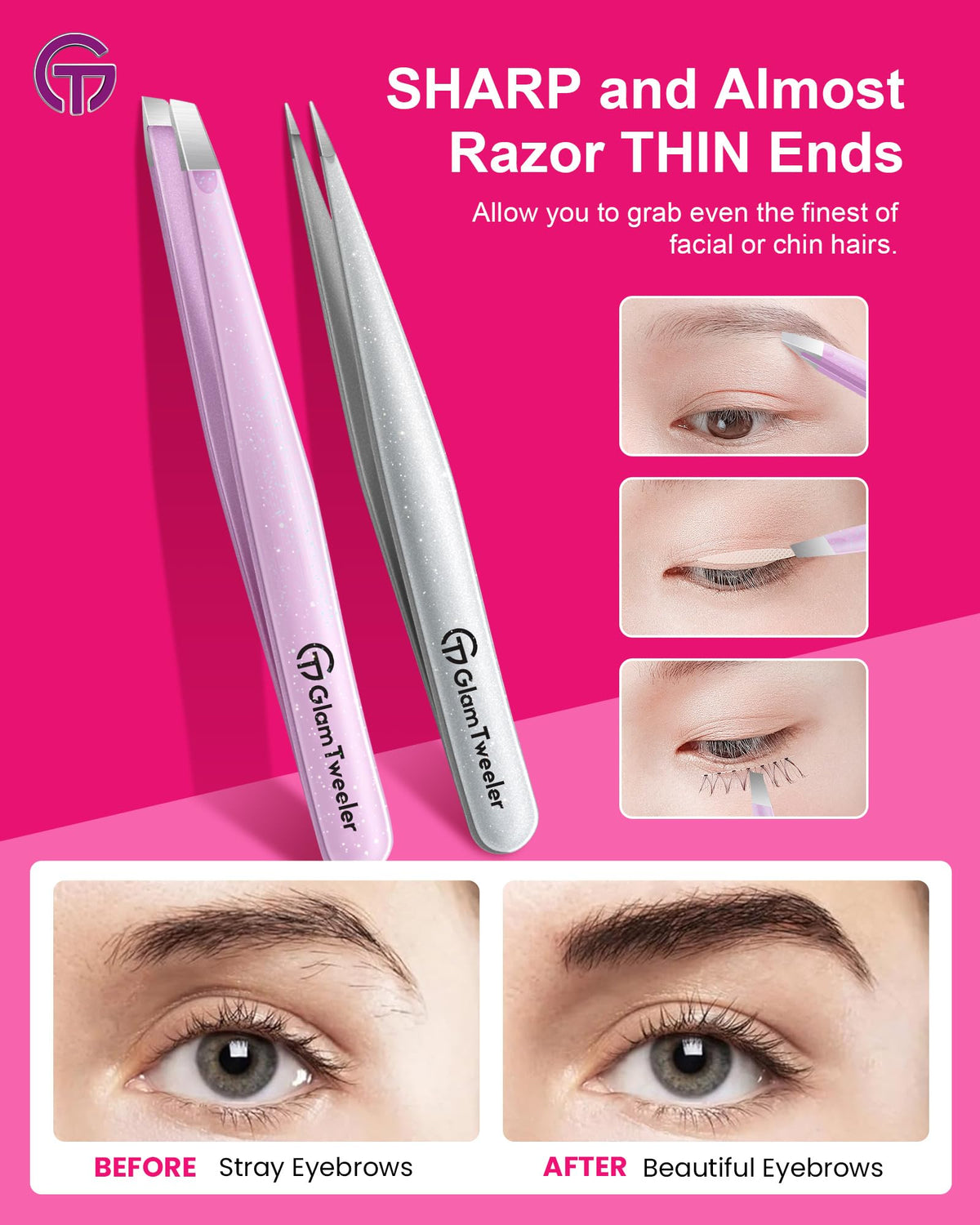 GlamTweeler tweezer set displayed on a vanity