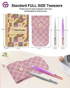 GlamTweeler tweezer set displayed on a vanity