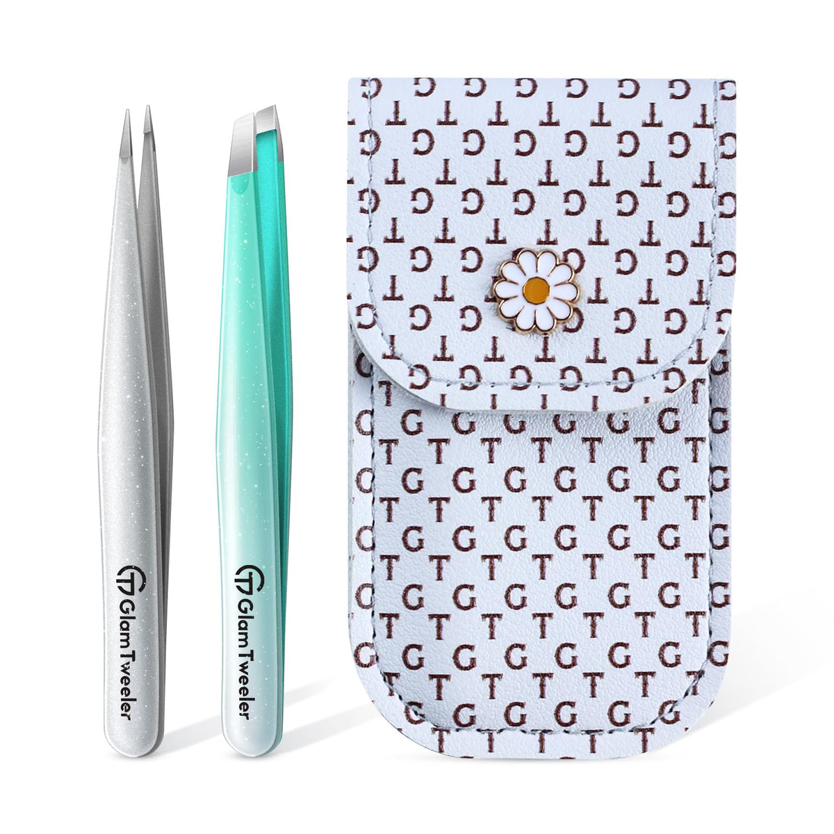 GlamTweeler tweezer set featuring slant and pointed tips in mint green