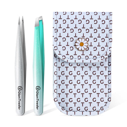 GlamTweeler tweezer set featuring slant and pointed tips in mint green