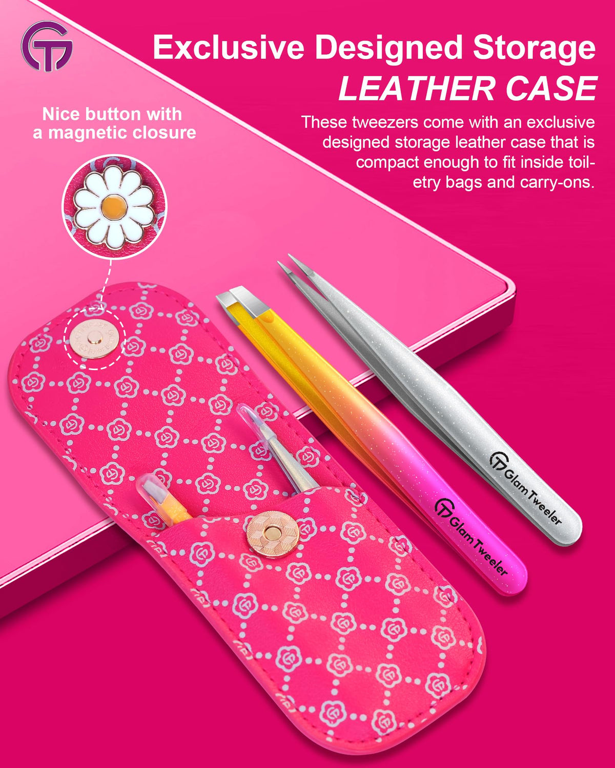 GlamTweeler tweezer set in a beauty accessories kit
