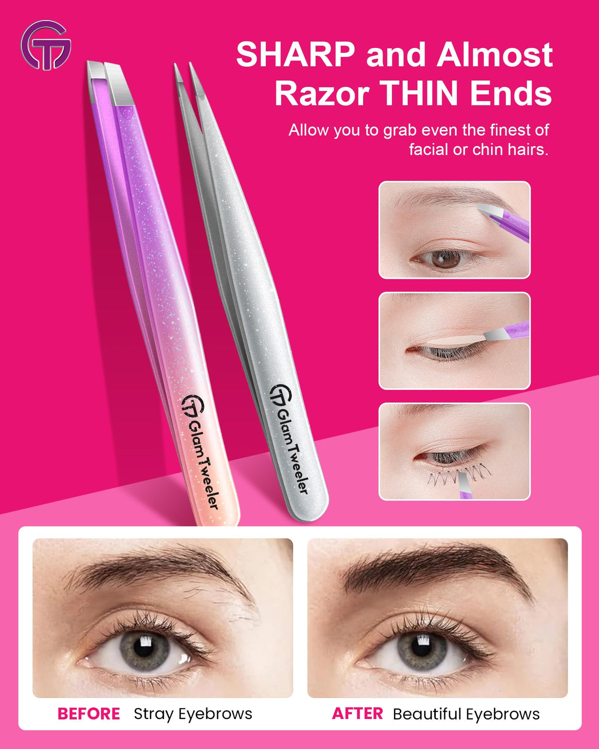 GlamTweeler tweezer set in use for eyebrow shaping