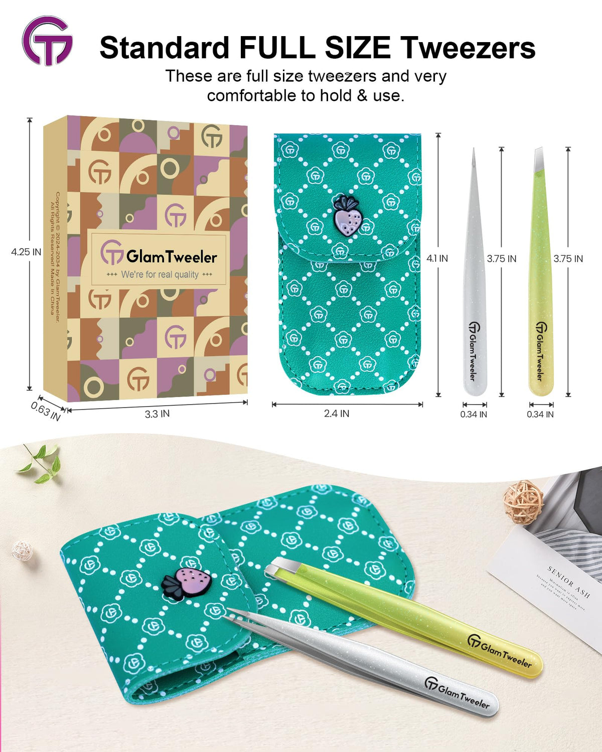 GlamTweeler tweezer set on a beauty countertop