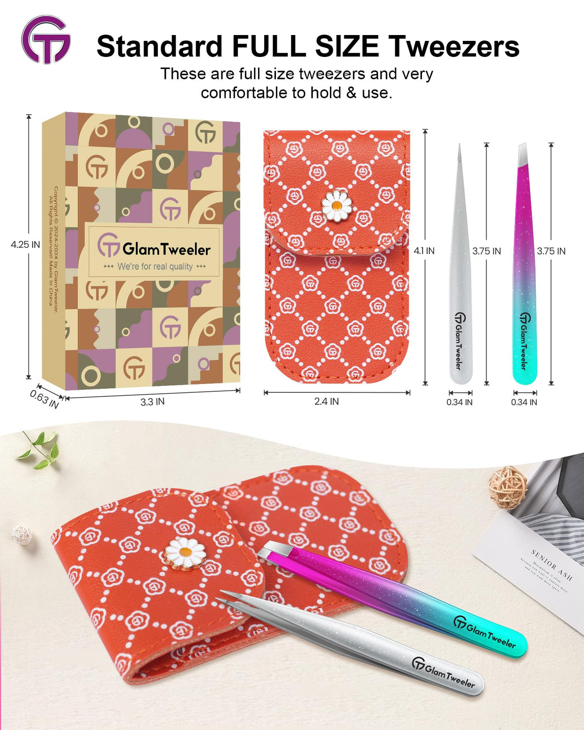 GlamTweeler tweezer set showcasing slant and point tips