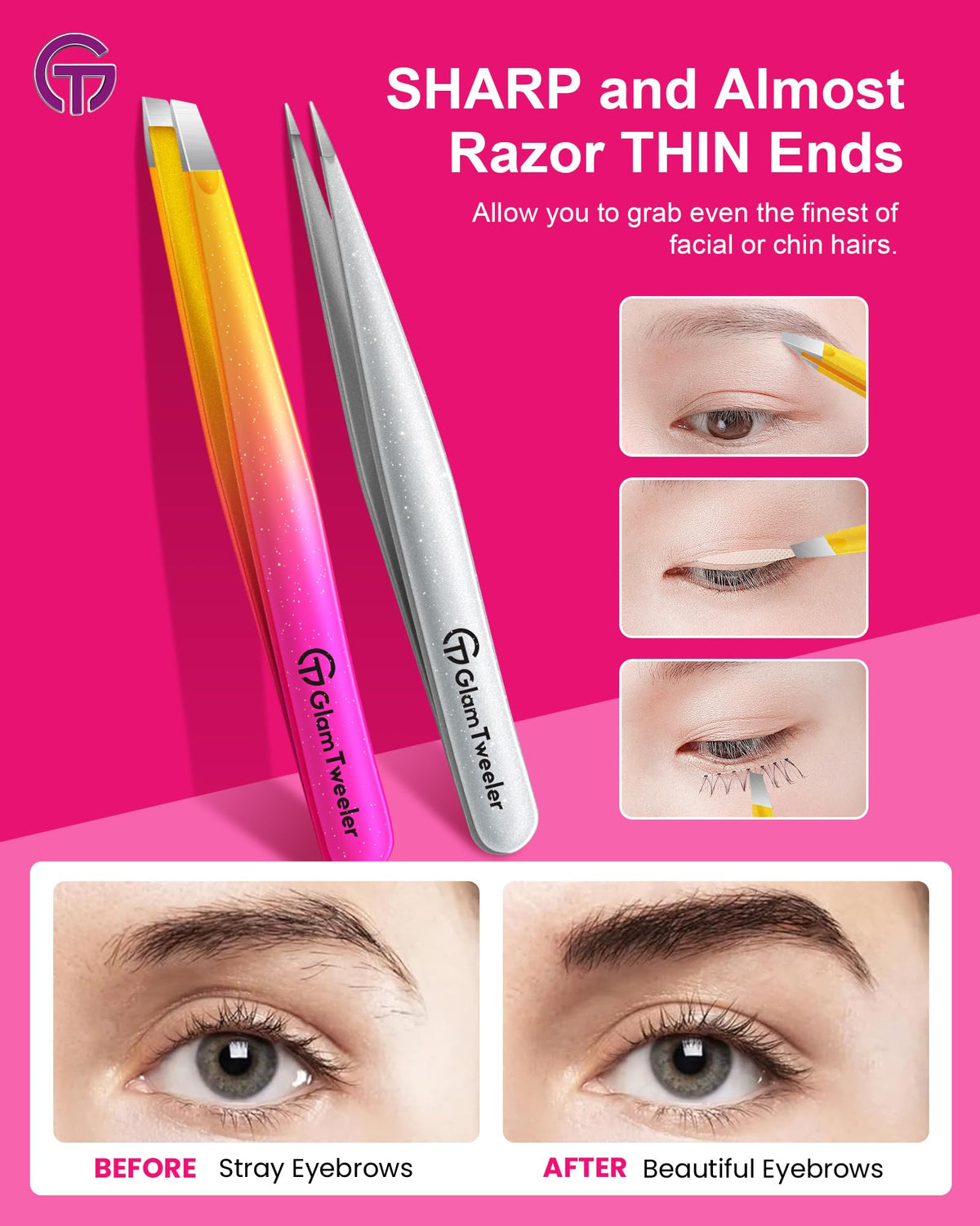 GlamTweeler tweezer set showing slant and point tips