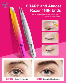 GlamTweeler tweezer set showing slant and point tips