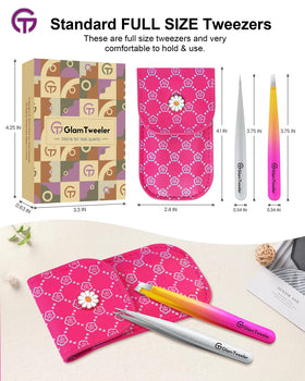 GlamTweeler tweezer set with protective case on a vanity