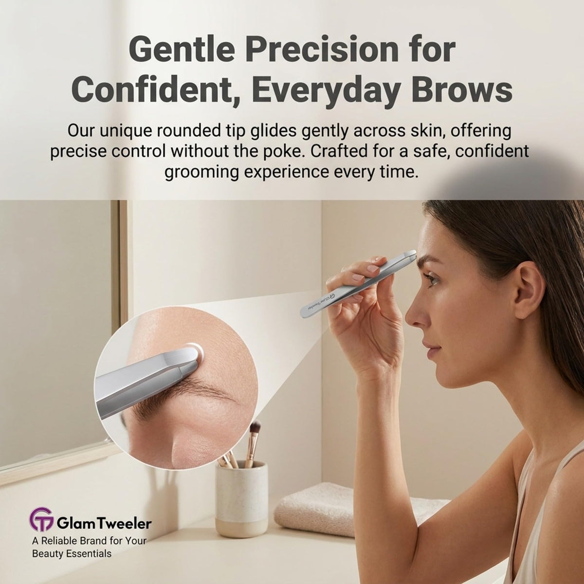 GlamTweeler tweezers close-up on rounded tip