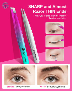 GlamTweeler tweezers displayed on a beauty vanity