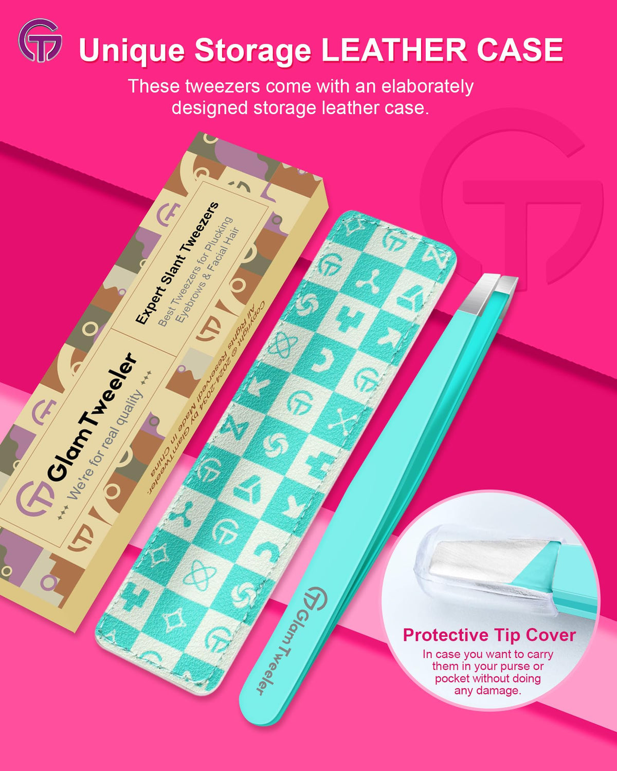 GlamTweeler tweezers in travel-ready leather case