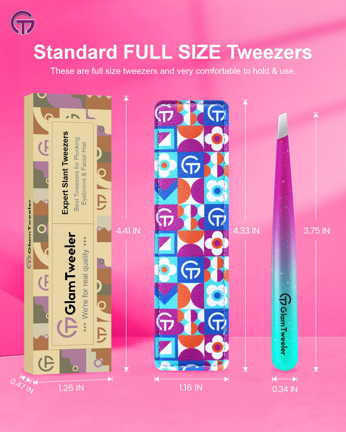 GlamTweeler tweezers on a vanity table with beauty products