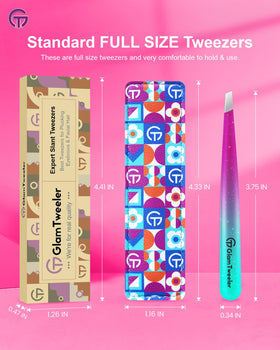 GlamTweeler tweezers on a vanity table with beauty products