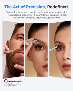 GlamTweeler tweezers on a vanity with beauty products