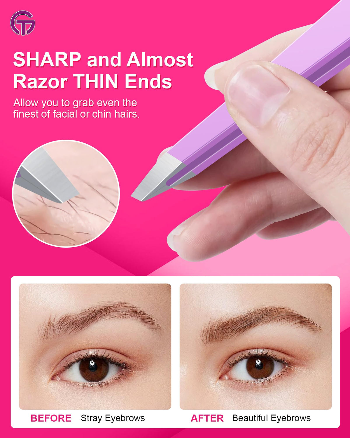 GlamTweeler tweezers showing sharp slant tips