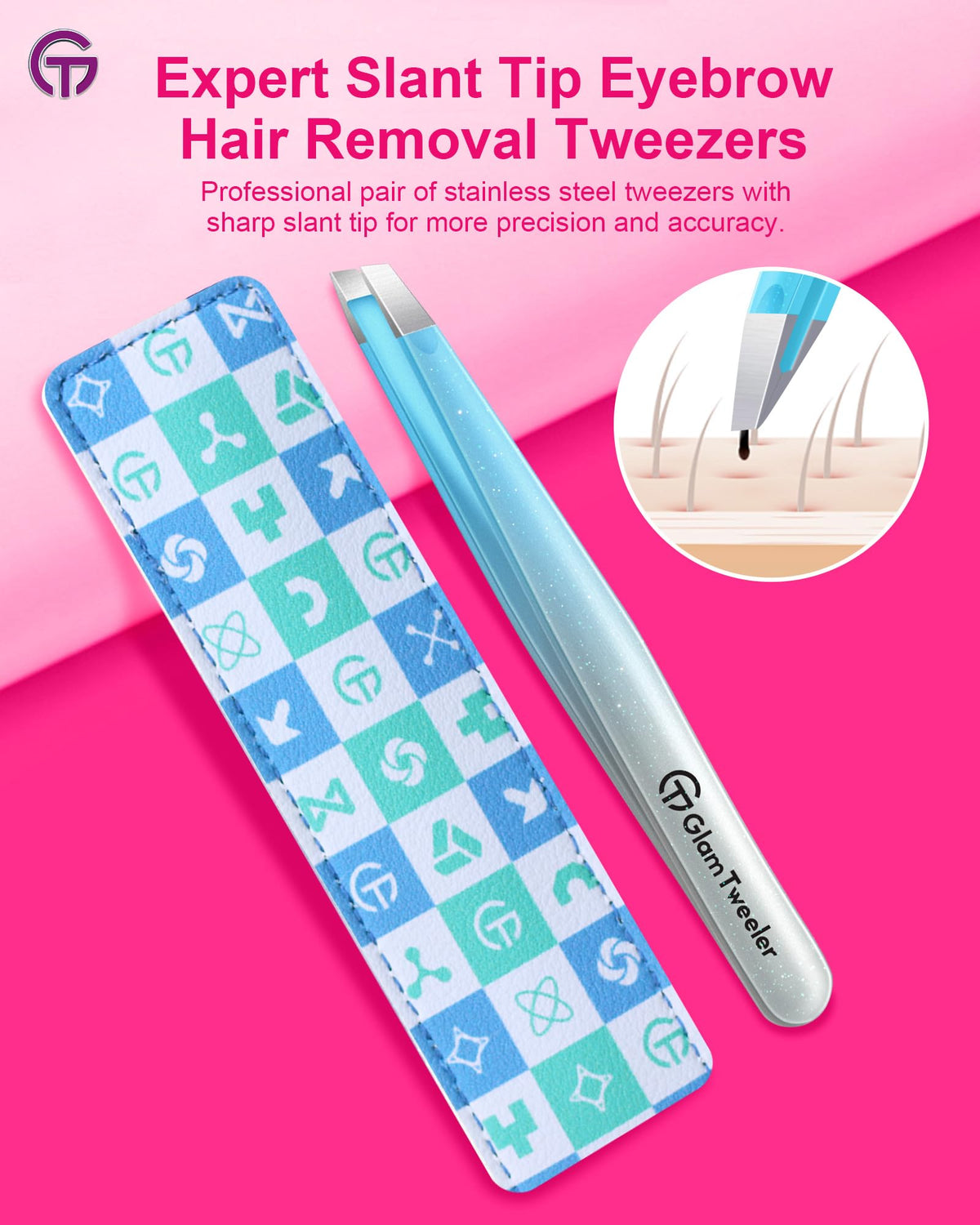 GlamTweeler tweezers with leather case open view