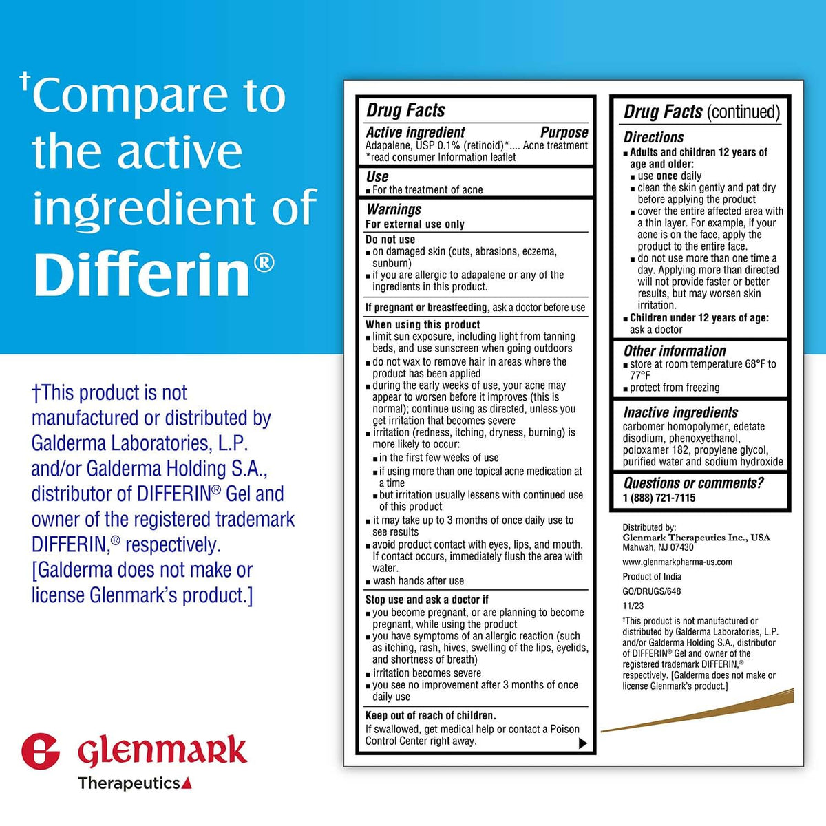 Glenmark Adapalene Gel 0.1% 45g tube back view