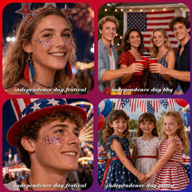 Glitter application on face and shoulders for a patriotic look