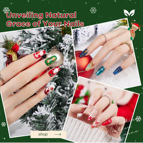 Glitter green nail polish bottle with Christmas themed design