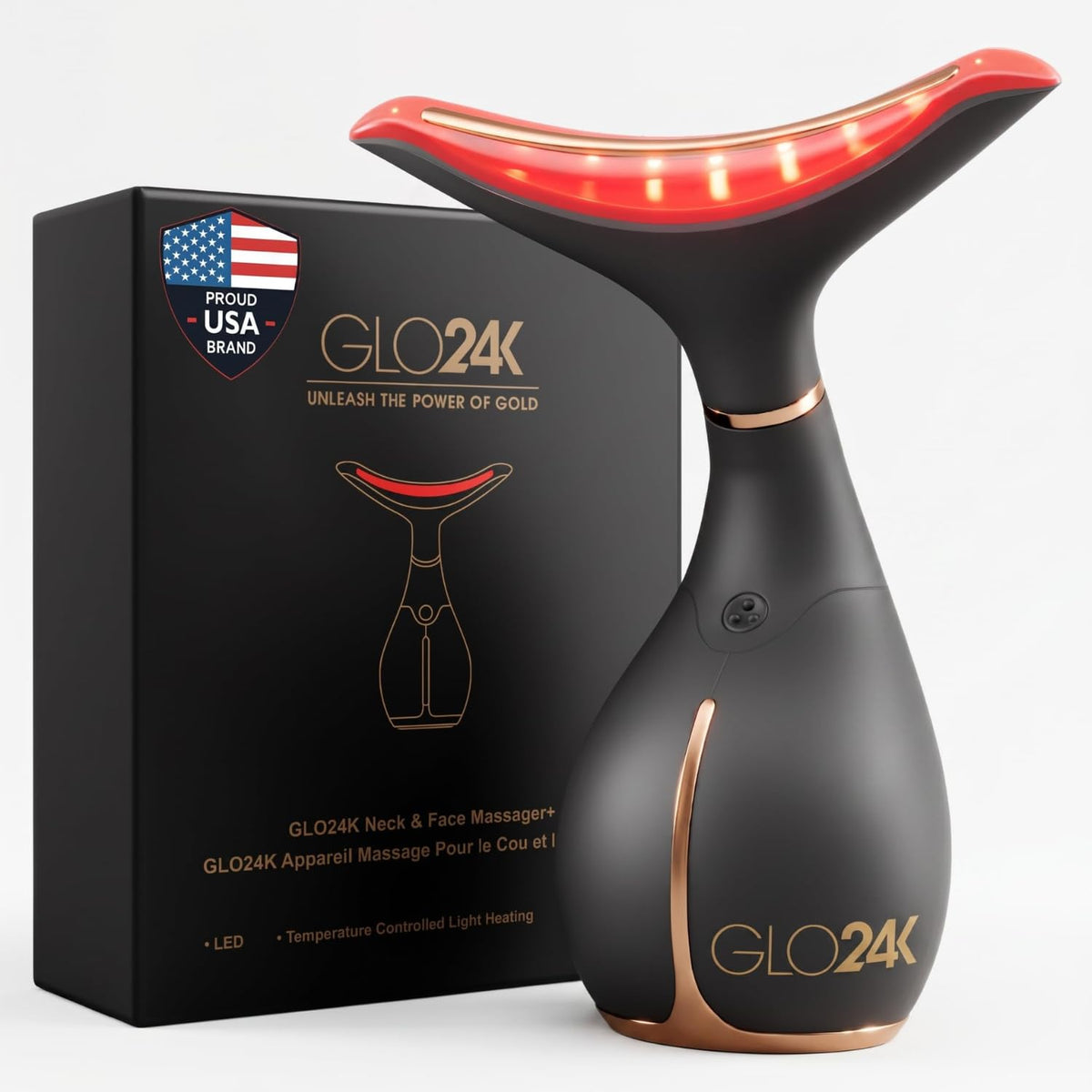 GLO24K LED Face Massager and skincare products