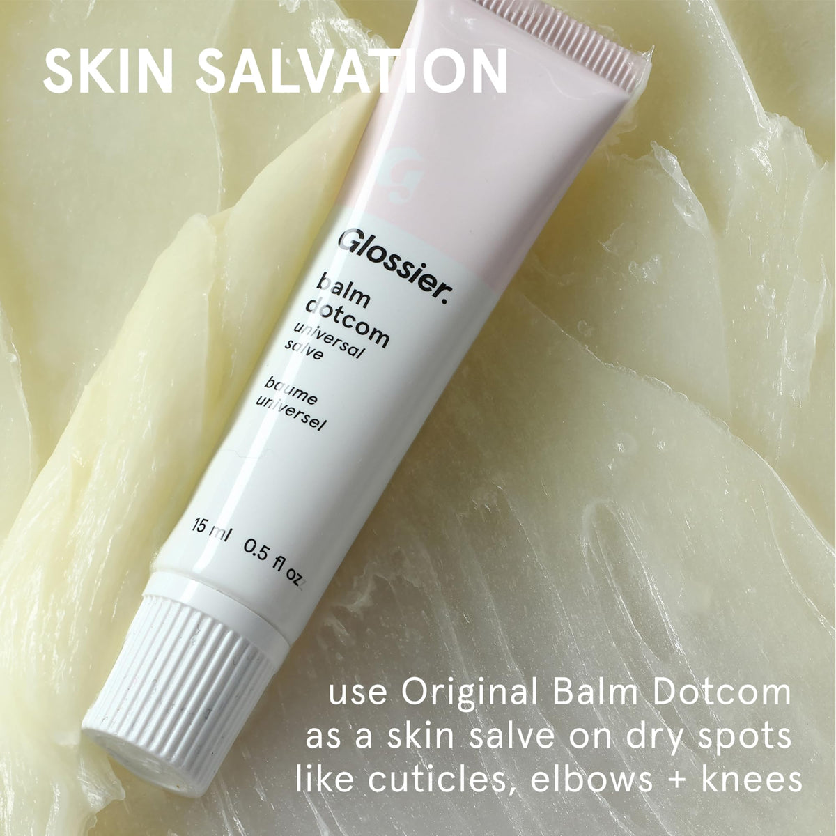 Glossier Balm Dotcom Lip Balm applied on lips, showing texture
