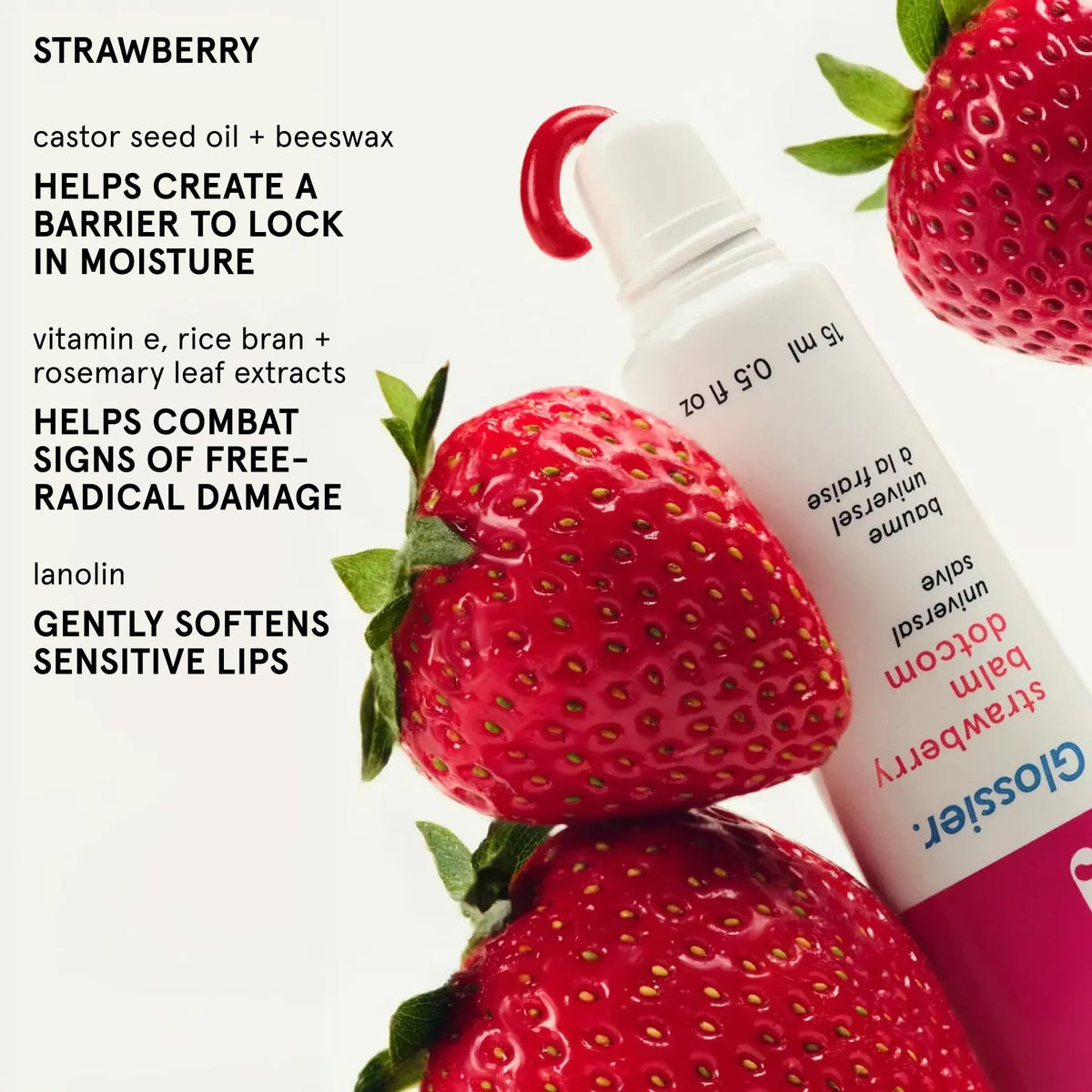 Glossier Balm Dotcom Lip Balm Strawberry Jammy Pink Tint on lips