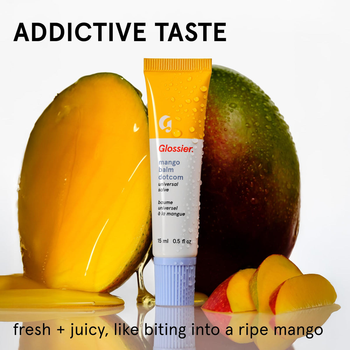 Glossier Balm Dotcom Mango Peach Tinted Lip Balm applied on lips