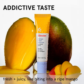 Glossier Balm Dotcom Mango Peach Tinted Lip Balm applied on lips