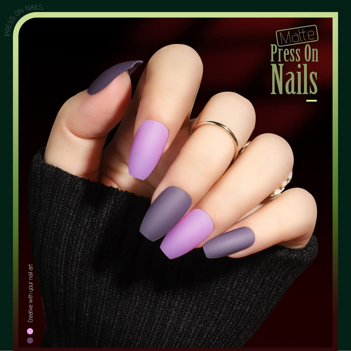 Glossy coffin press on nails displayed in a transparent box
