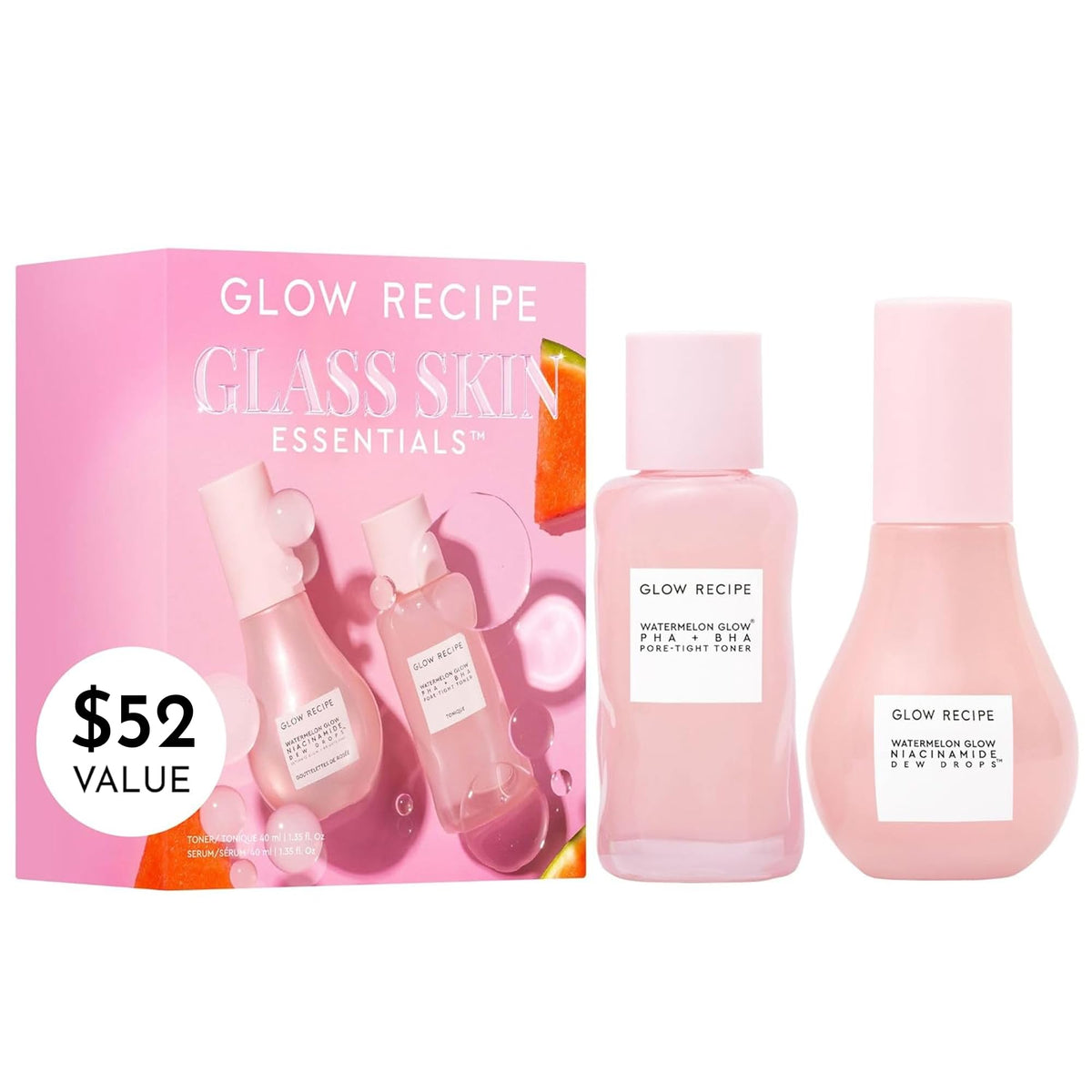 Glow Recipe Glass Skin Essential Kit front view with serum and toner
