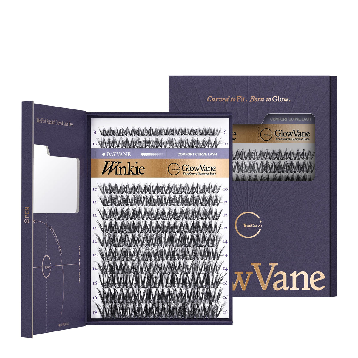 GlowVane TrueCurve Lash Clusters front view with mixed lengths