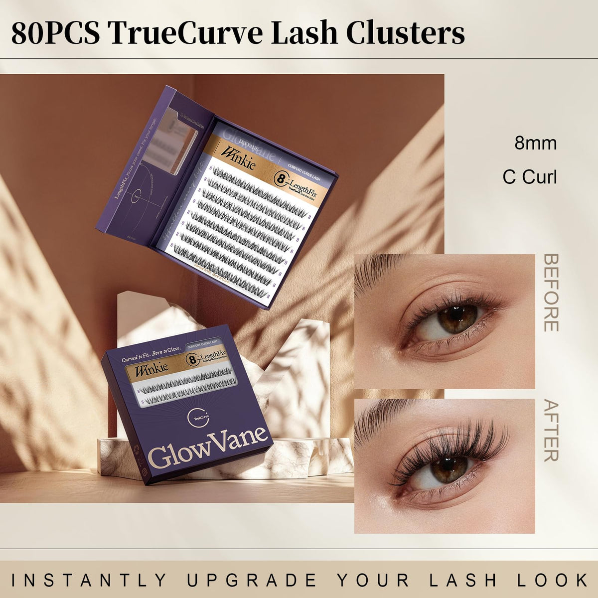 GlowVane TrueCurve Lash Clusters Winkie 8mm application