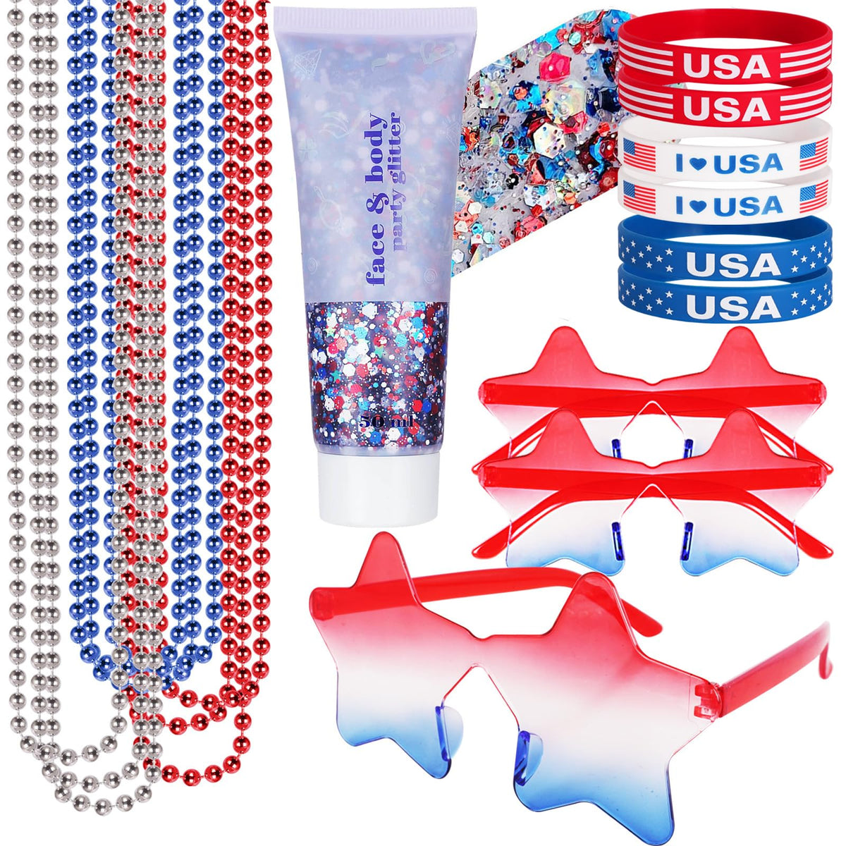 Go Ho 4th of July Outfits Set with body glitter gel and accessories